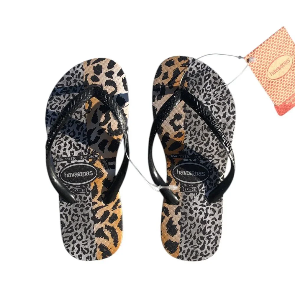 Havaianas Kids Leopard Print Flip Flops Black Strap, 11–12